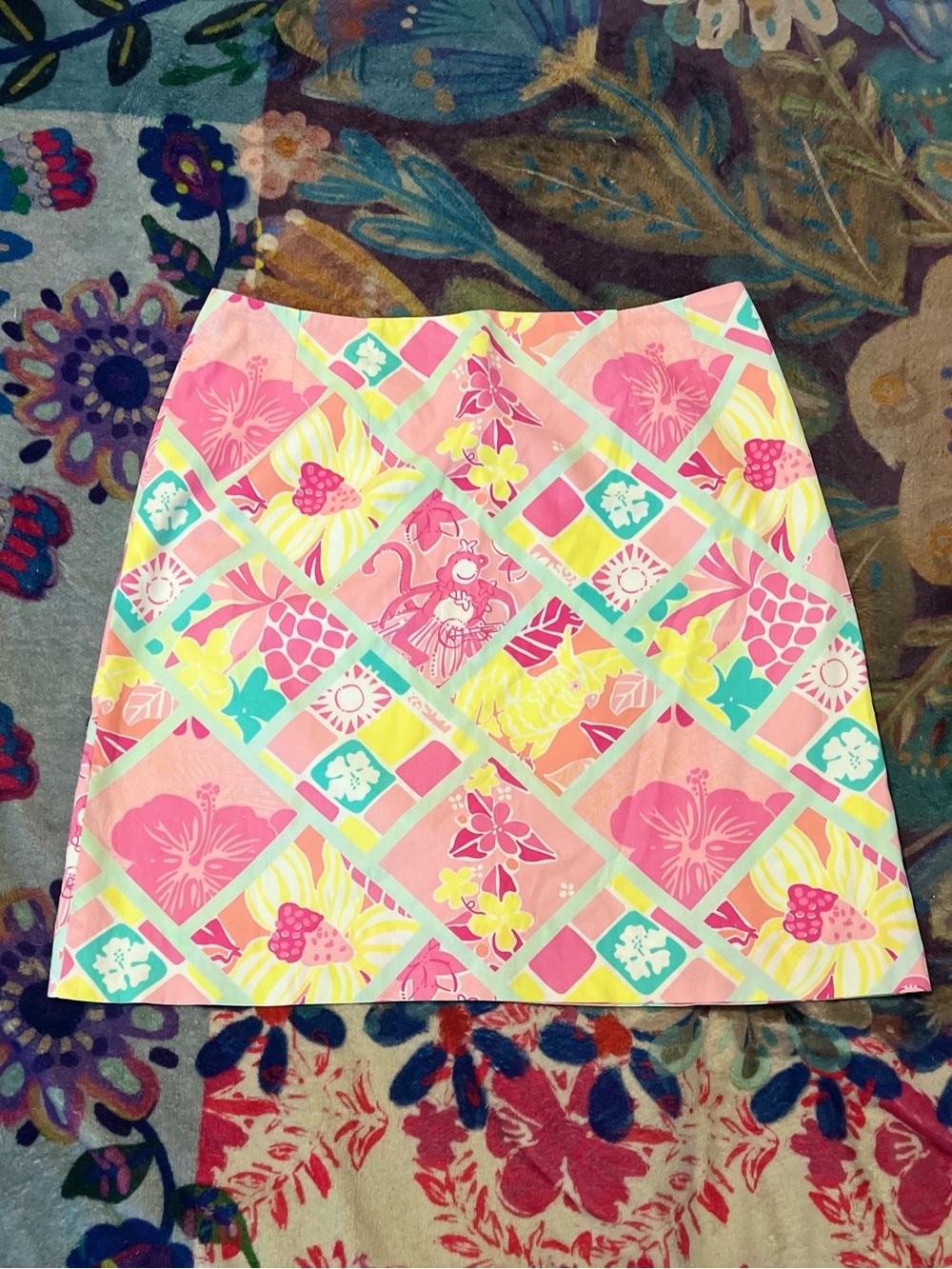 Vintage Lilly Pulitzer Pink Diamond Patch Head Print Mini Skirt Size 6